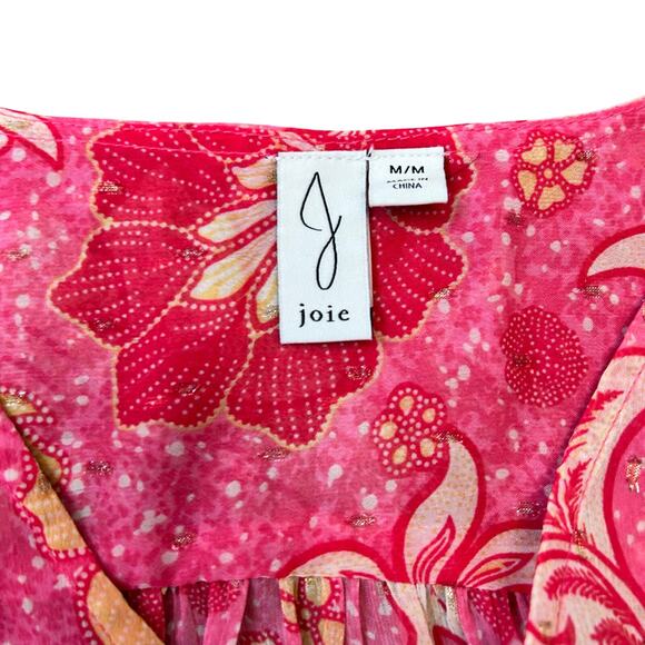 Joie Semi Sheer Pink Floral Top Womens Sz Medium Smocked Waist Cottagecore Boho - Picture 8 of 12